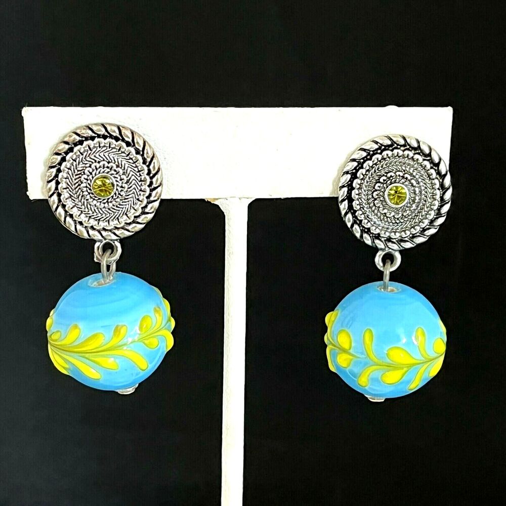 Vintage 1980s Drop Earrings Ceramic Bead Silver Tone Clip On - 6H